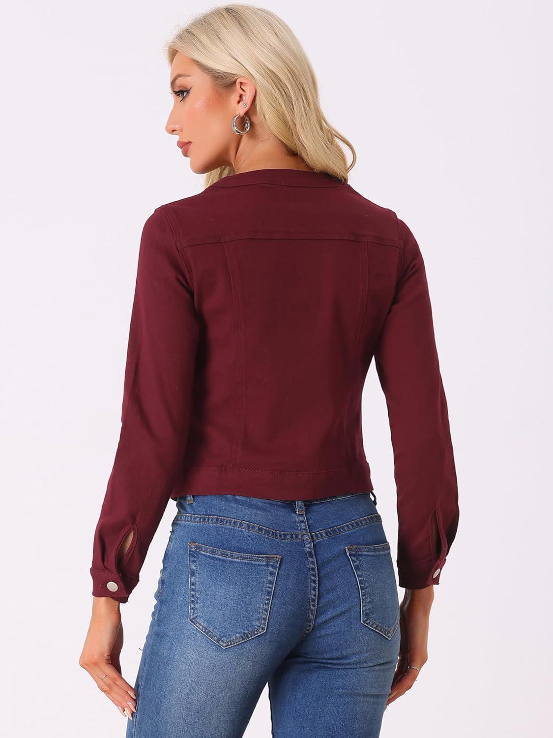 imageAllegra K Womens Denim Jacket Collarless Round Neck Button Down Long Sleeve Jean JacketsDark Red