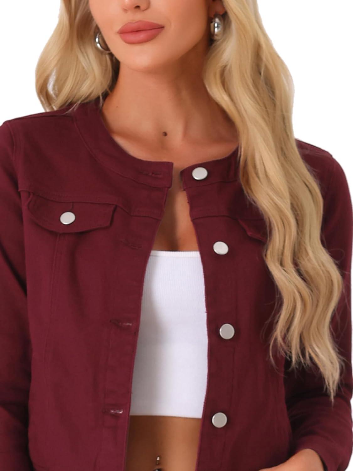 imageAllegra K Womens Denim Jacket Collarless Round Neck Button Down Long Sleeve Jean JacketsDark Red