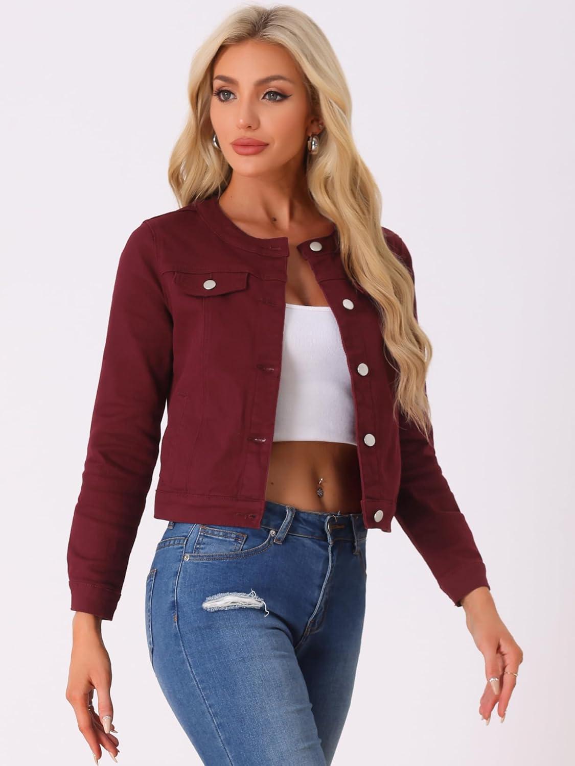 imageAllegra K Womens Denim Jacket Collarless Round Neck Button Down Long Sleeve Jean JacketsDark Red