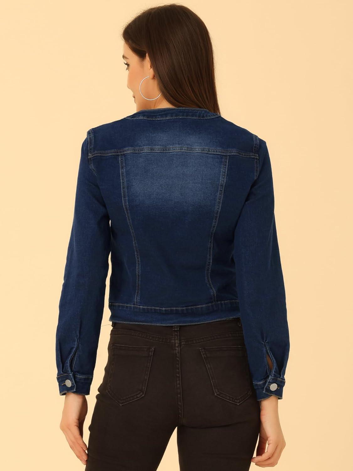 imageAllegra K Womens Denim Jacket Collarless Round Neck Button Down Long Sleeve Jean JacketsDeep Blue