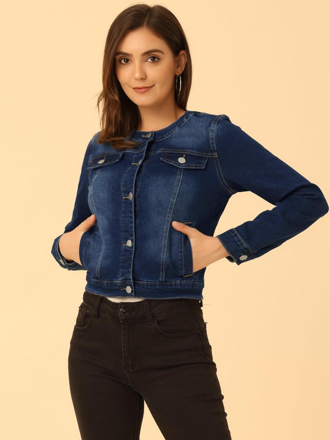 imageAllegra K Womens Denim Jacket Collarless Round Neck Button Down Long Sleeve Jean JacketsDeep Blue
