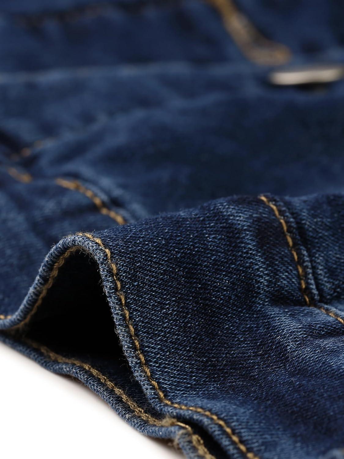 imageAllegra K Womens Denim Jacket Collarless Round Neck Button Down Long Sleeve Jean JacketsDeep Blue