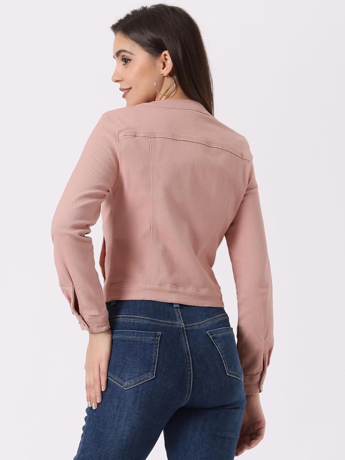 imageAllegra K Womens Denim Jacket Collarless Round Neck Button Down Long Sleeve Jean JacketsDusty Pink