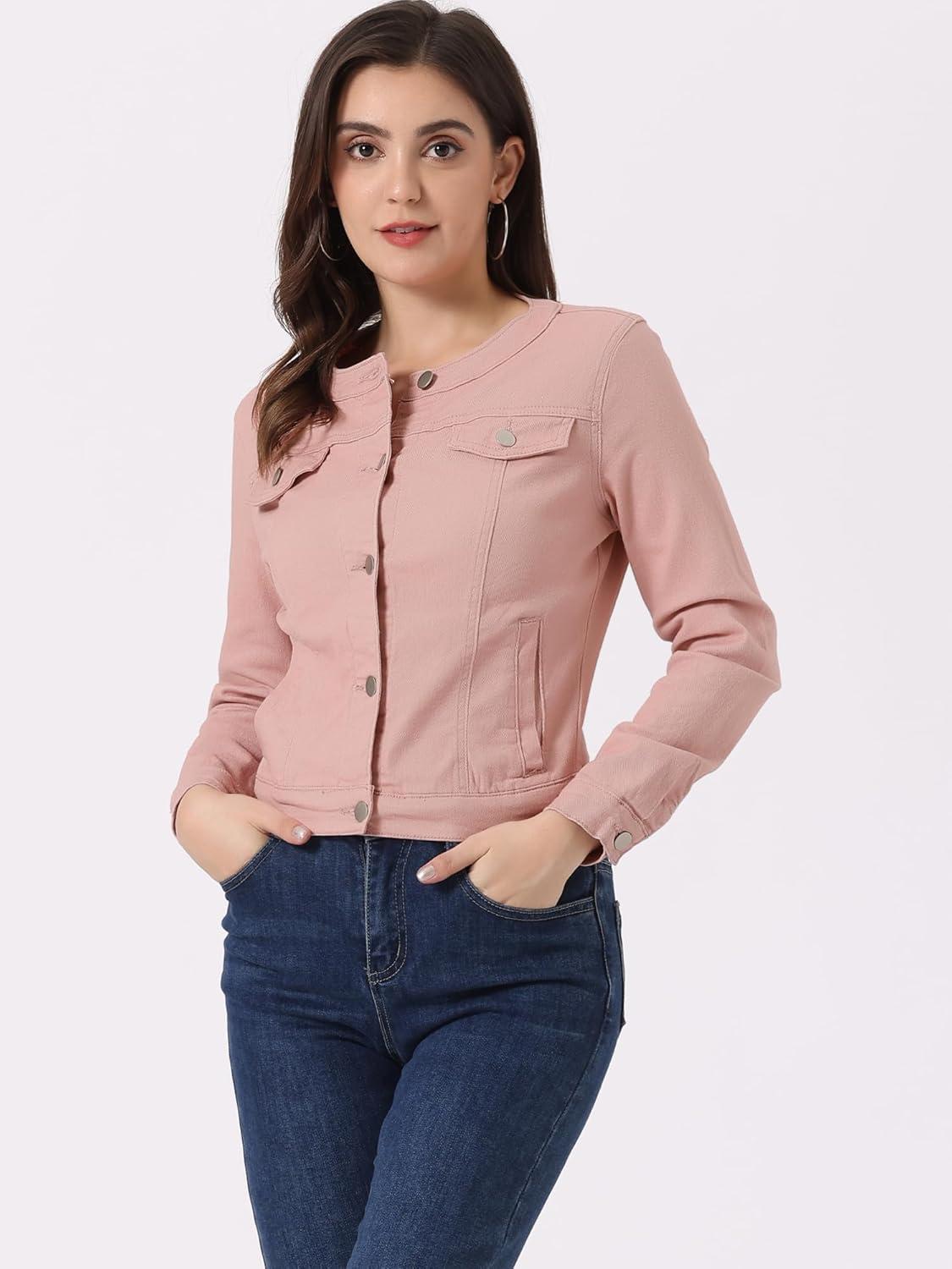 imageAllegra K Womens Denim Jacket Collarless Round Neck Button Down Long Sleeve Jean JacketsDusty Pink