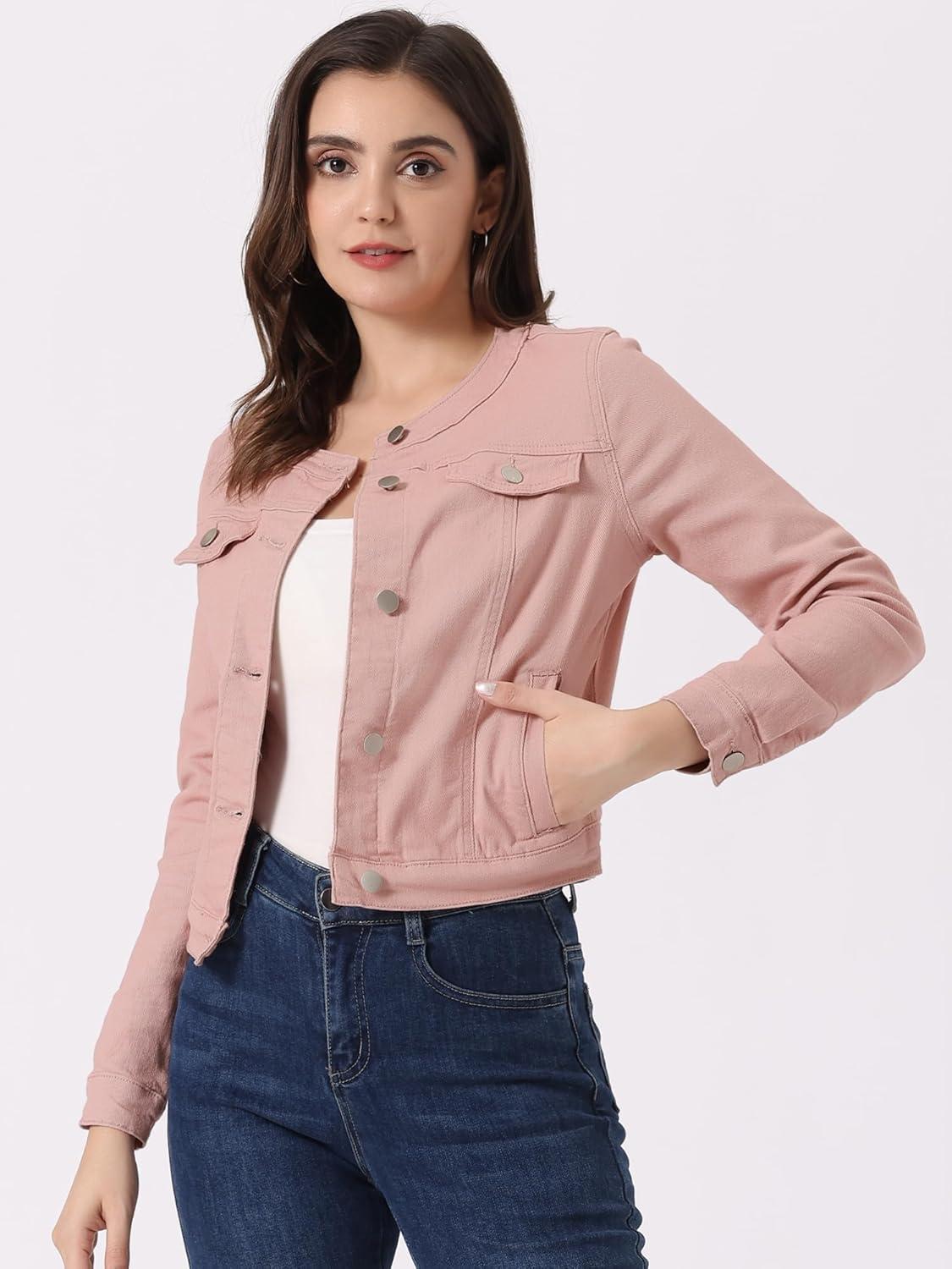 imageAllegra K Womens Denim Jacket Collarless Round Neck Button Down Long Sleeve Jean JacketsDusty Pink