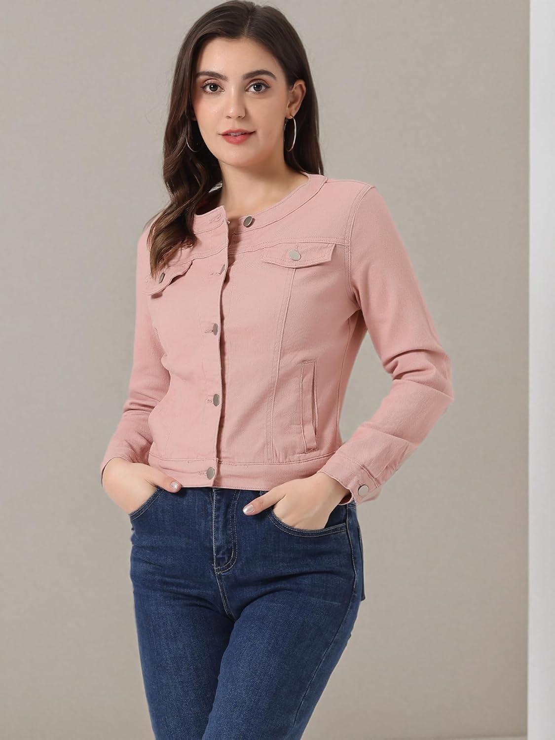 imageAllegra K Womens Denim Jacket Collarless Round Neck Button Down Long Sleeve Jean JacketsDusty Pink