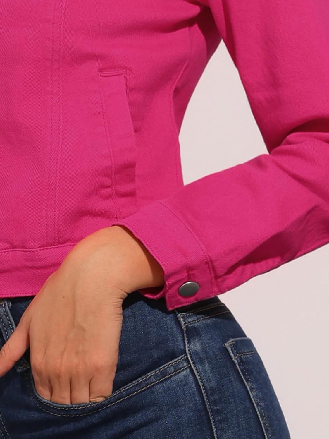 imageAllegra K Womens Denim Jacket Collarless Round Neck Button Down Long Sleeve Jean JacketsHot Pink