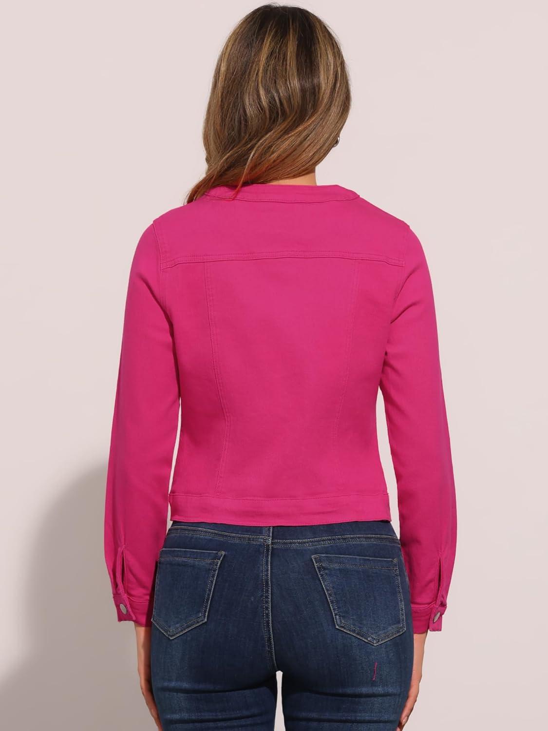 imageAllegra K Womens Denim Jacket Collarless Round Neck Button Down Long Sleeve Jean JacketsHot Pink