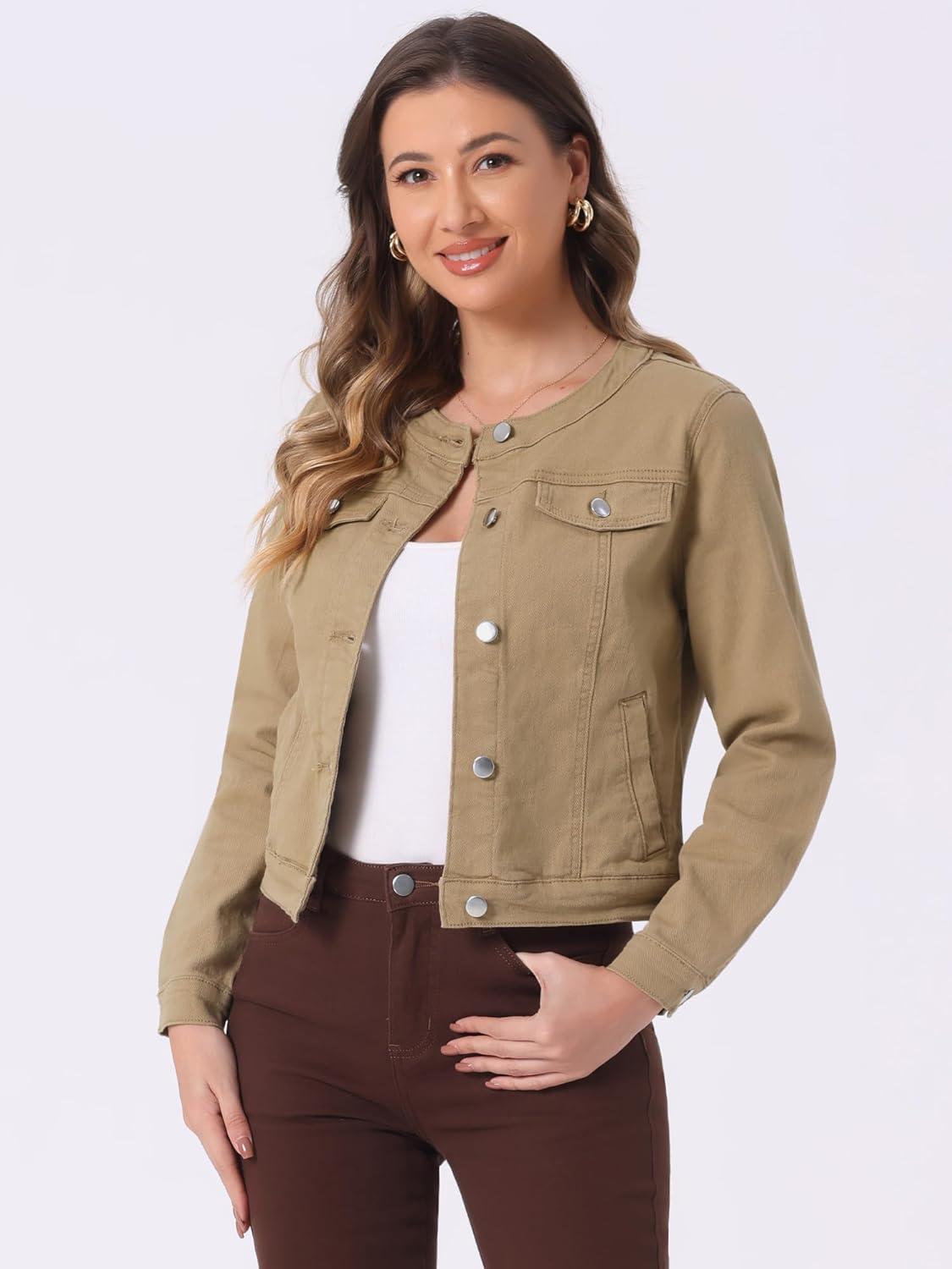 imageAllegra K Womens Denim Jacket Collarless Round Neck Button Down Long Sleeve Jean JacketsKhaki