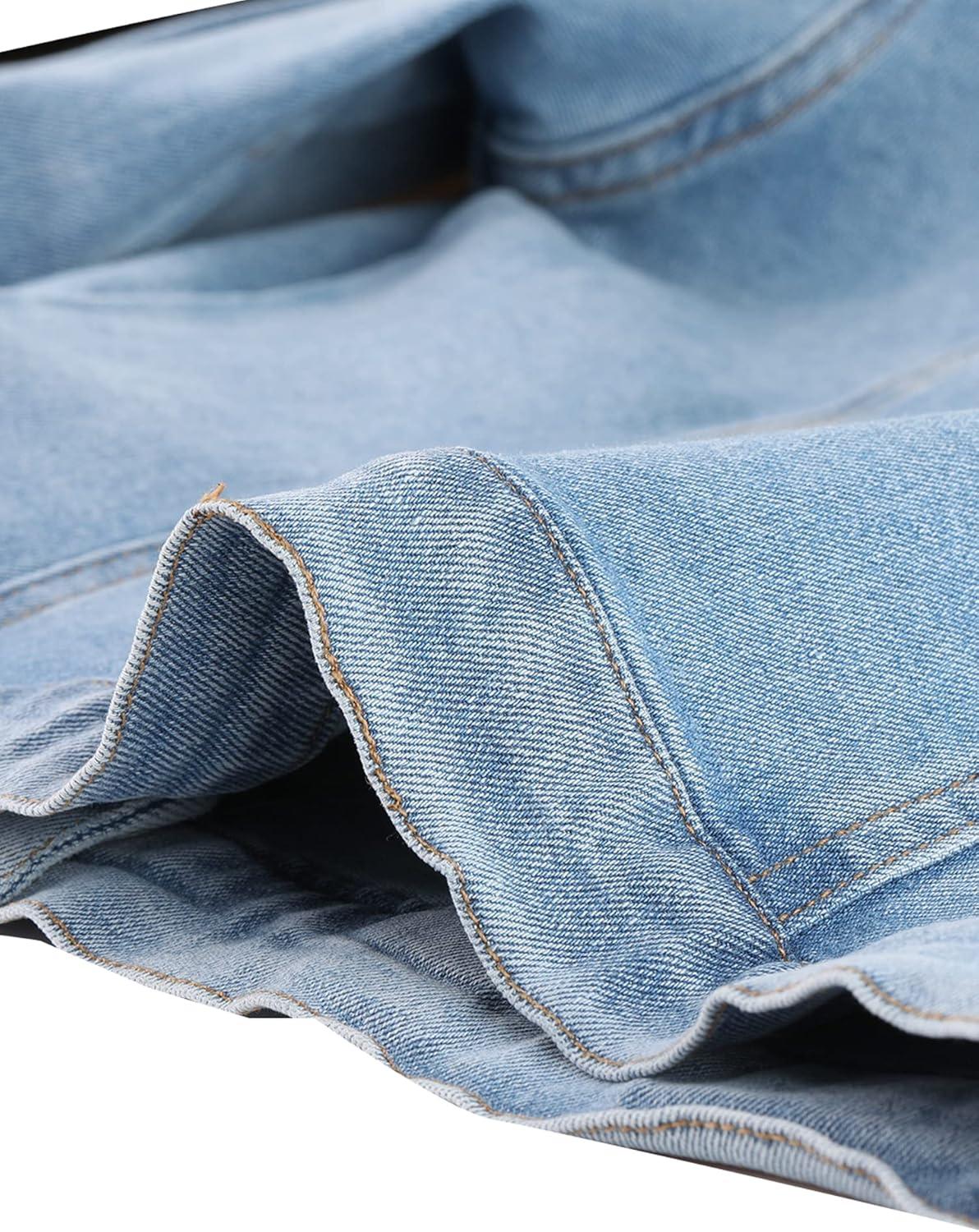 imageAllegra K Womens Denim Jacket Collarless Round Neck Button Down Long Sleeve Jean JacketsLight Blue