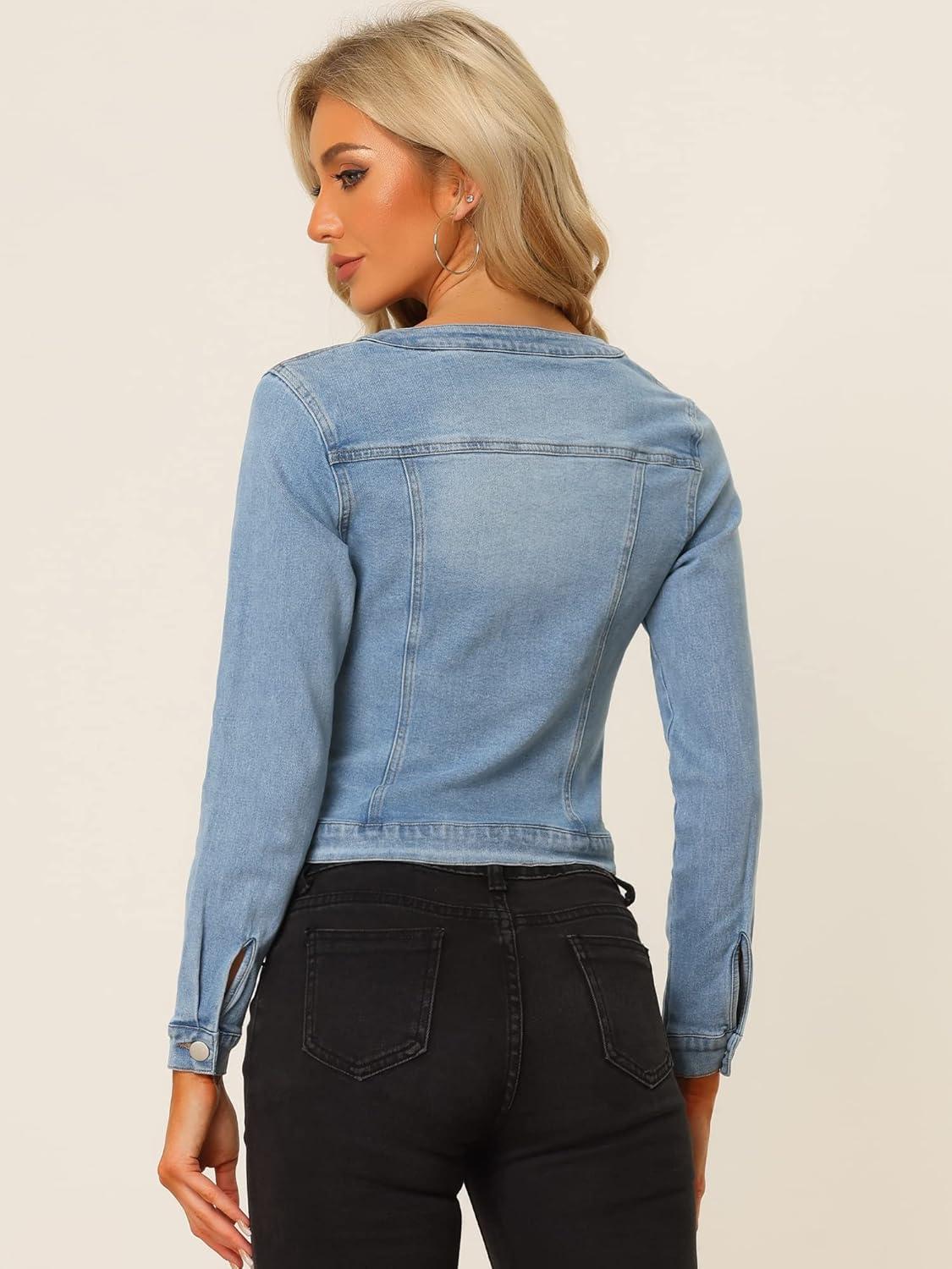 imageAllegra K Womens Denim Jacket Collarless Round Neck Button Down Long Sleeve Jean JacketsLight Blue