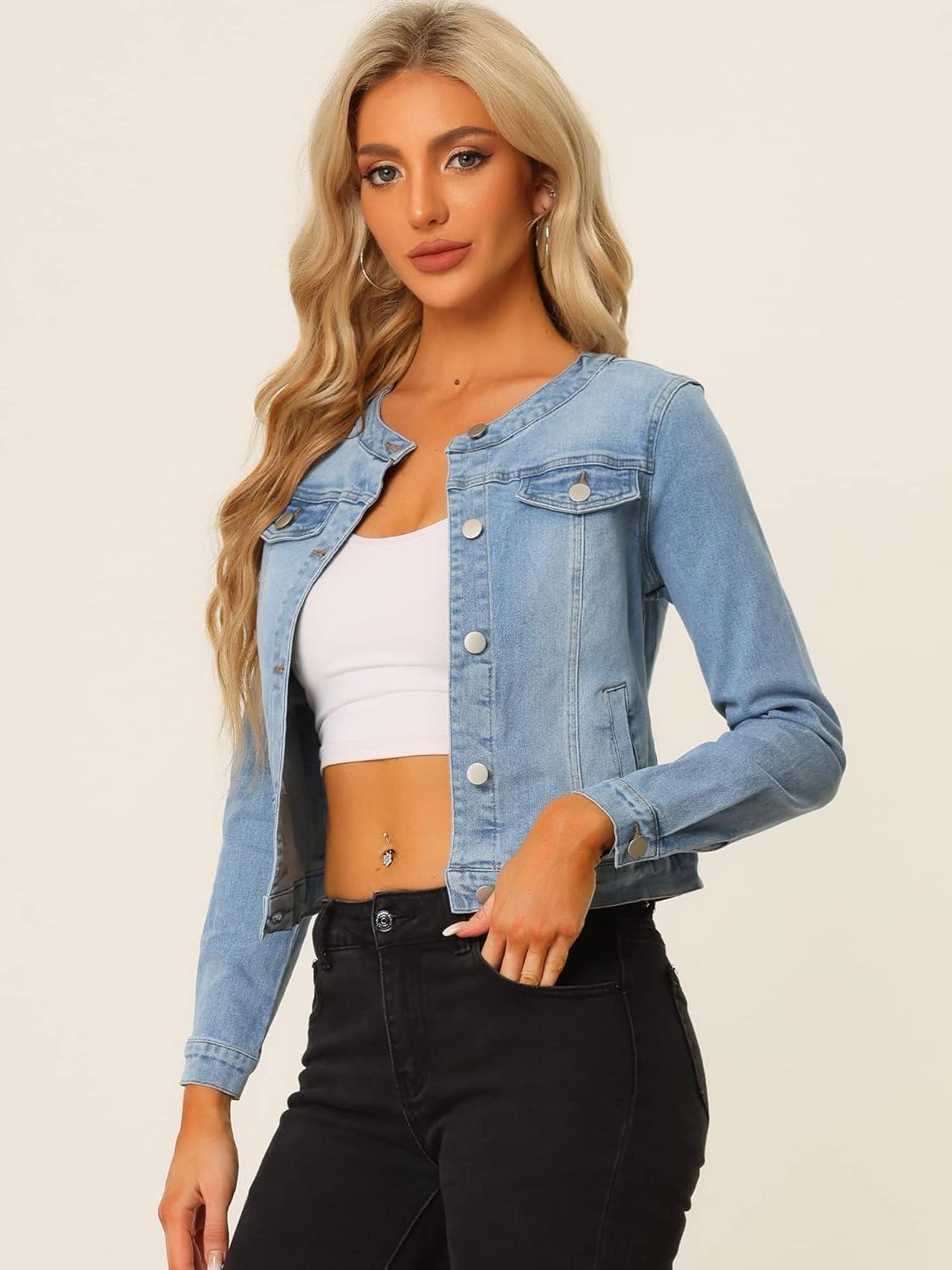 imageAllegra K Womens Denim Jacket Collarless Round Neck Button Down Long Sleeve Jean JacketsLight Blue