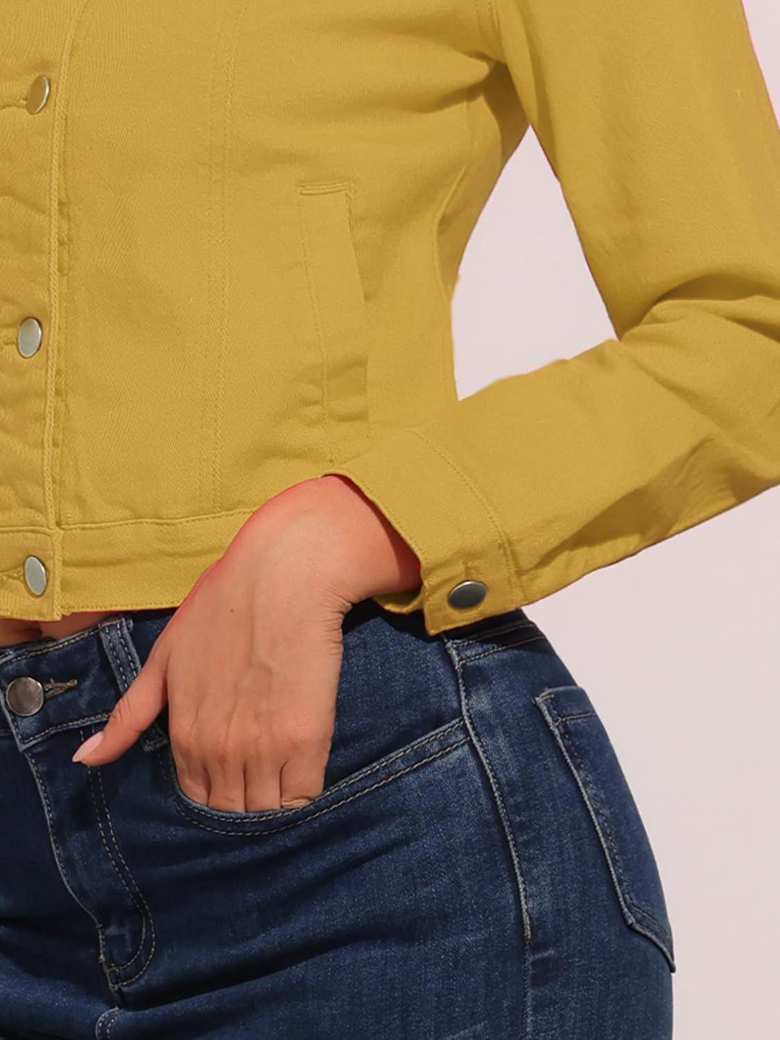 imageAllegra K Womens Denim Jacket Collarless Round Neck Button Down Long Sleeve Jean JacketsYellow