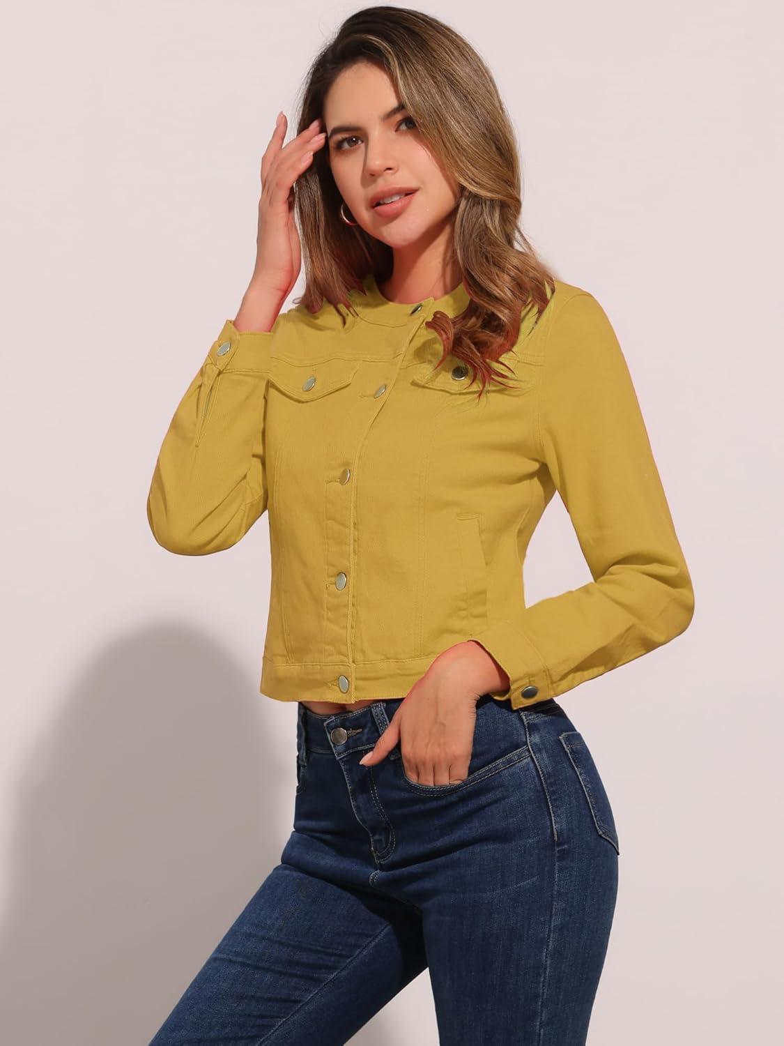 imageAllegra K Womens Denim Jacket Collarless Round Neck Button Down Long Sleeve Jean JacketsYellow