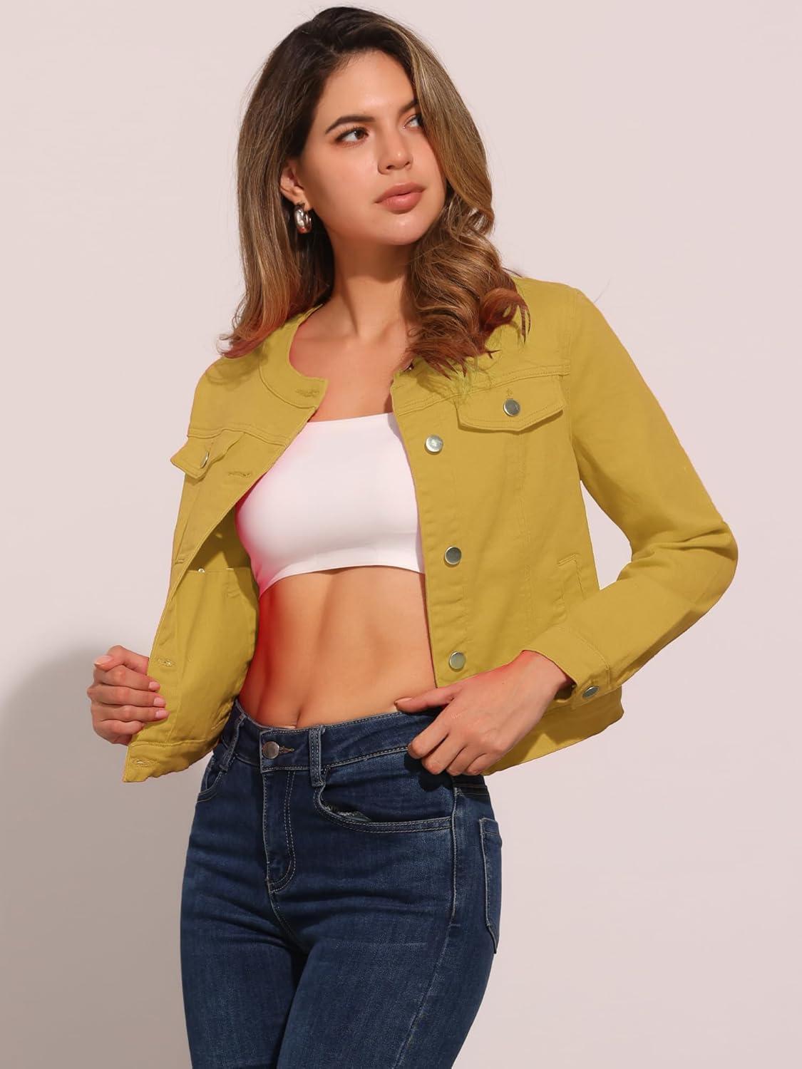imageAllegra K Womens Denim Jacket Collarless Round Neck Button Down Long Sleeve Jean JacketsYellow