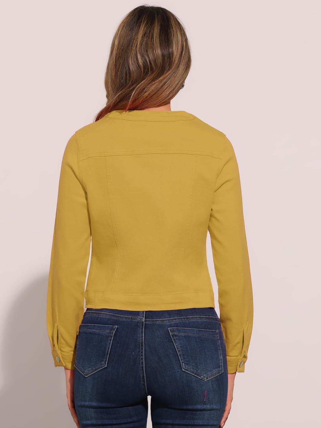 imageAllegra K Womens Denim Jacket Collarless Round Neck Button Down Long Sleeve Jean JacketsYellow