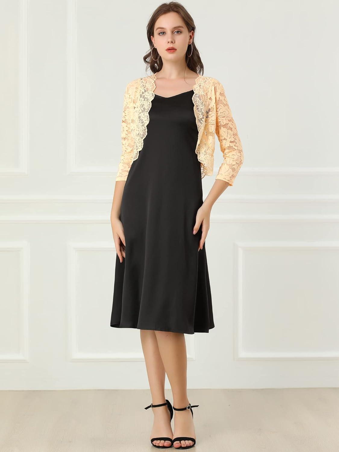 imageAllegra K Womens Elegant 34 Sleeve Sheer Floral Lace Shrug TopBeige