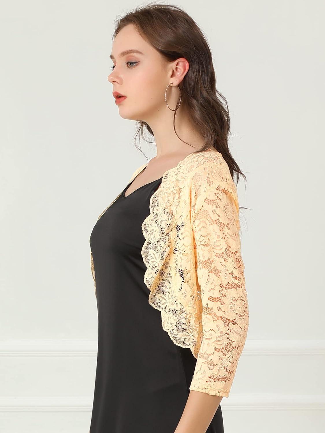 imageAllegra K Womens Elegant 34 Sleeve Sheer Floral Lace Shrug TopBeige