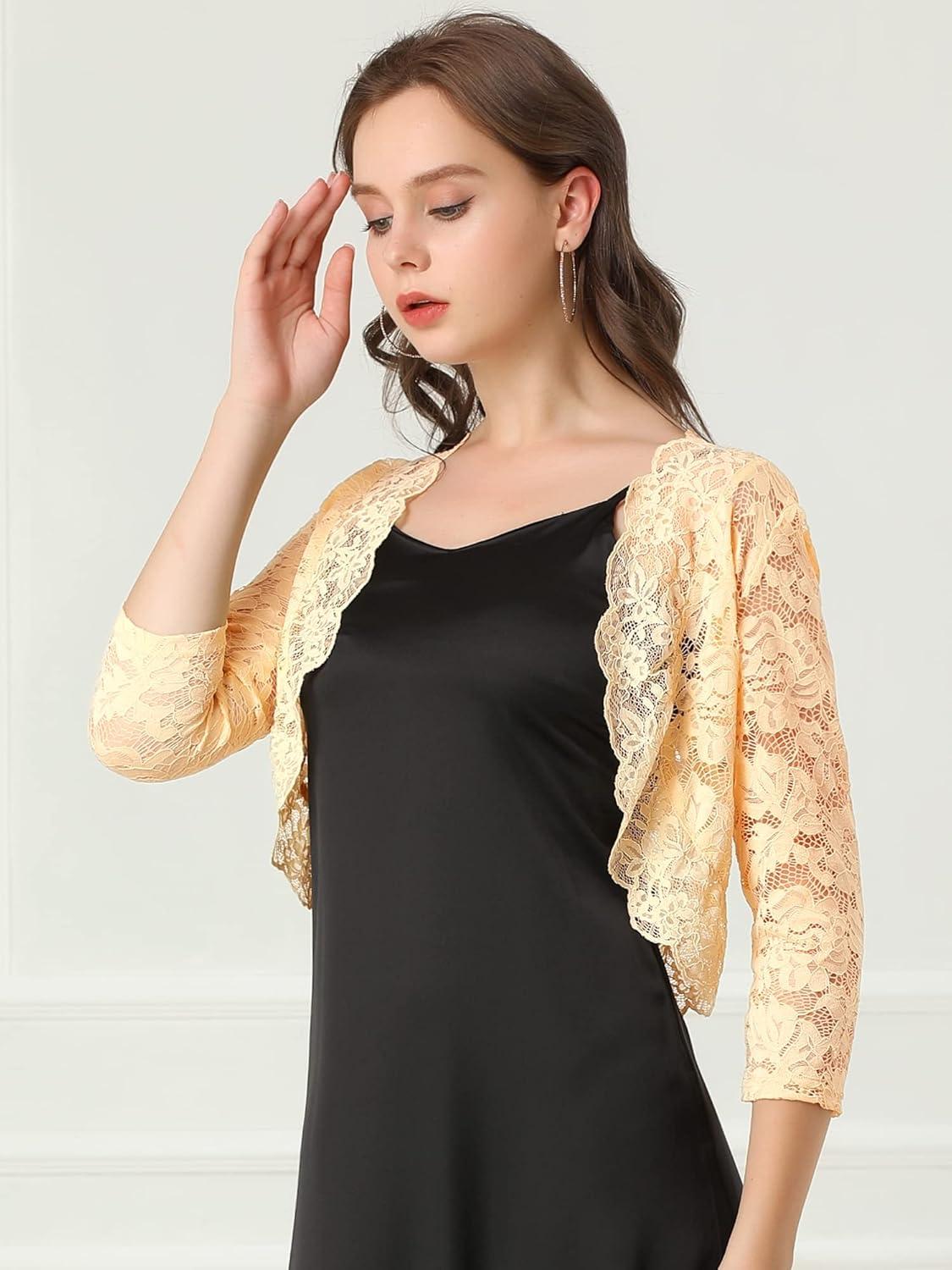 imageAllegra K Womens Elegant 34 Sleeve Sheer Floral Lace Shrug TopBeige