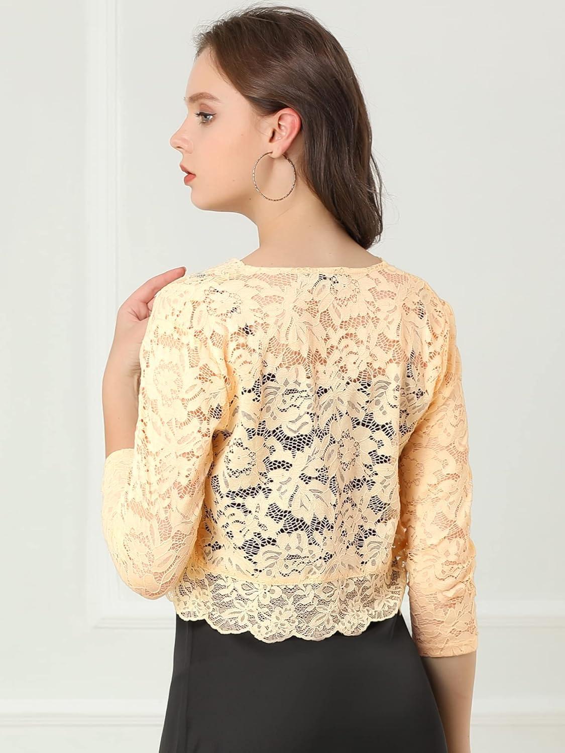 imageAllegra K Womens Elegant 34 Sleeve Sheer Floral Lace Shrug TopBeige