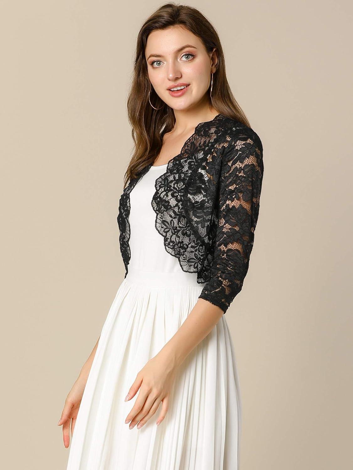 imageAllegra K Womens Elegant 34 Sleeve Sheer Floral Lace Shrug TopBlack