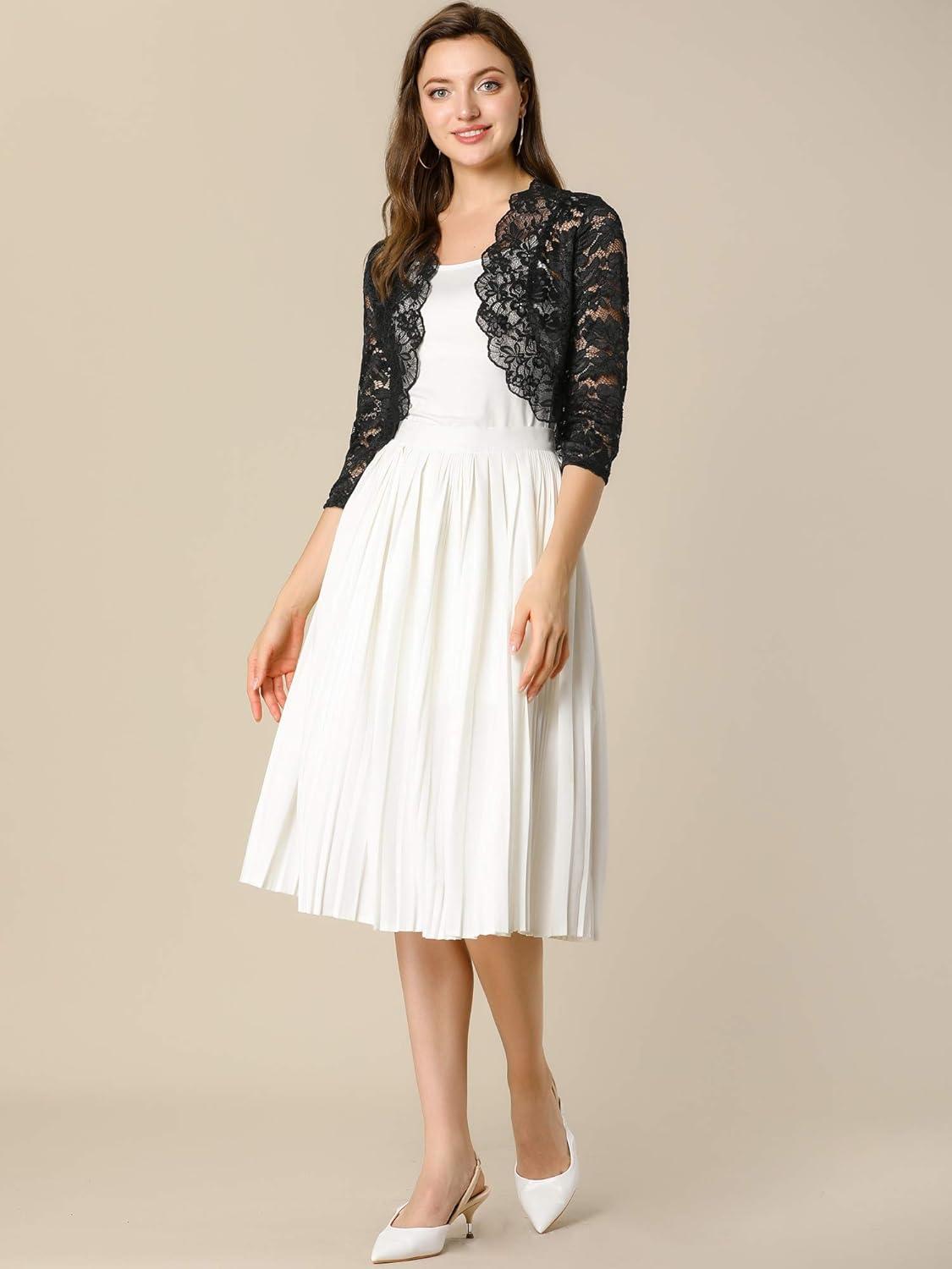 imageAllegra K Womens Elegant 34 Sleeve Sheer Floral Lace Shrug TopBlack