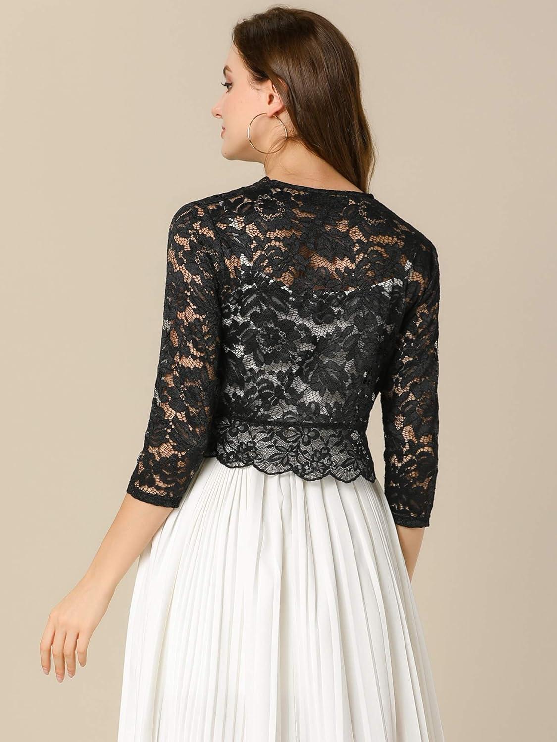 imageAllegra K Womens Elegant 34 Sleeve Sheer Floral Lace Shrug TopBlack