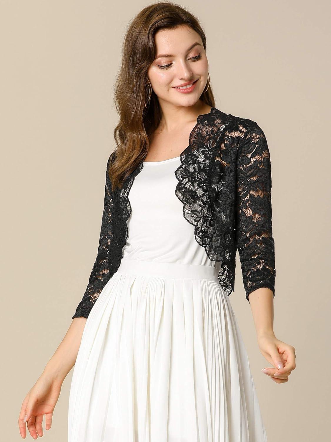 imageAllegra K Womens Elegant 34 Sleeve Sheer Floral Lace Shrug TopBlack