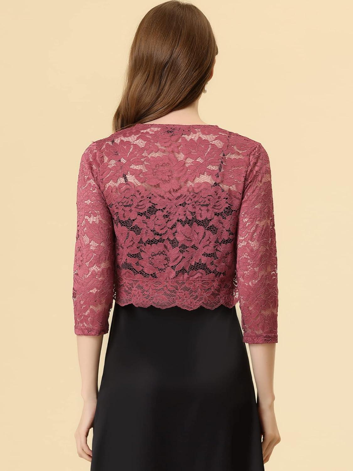 imageAllegra K Womens Elegant 34 Sleeve Sheer Floral Lace Shrug TopBrick Red