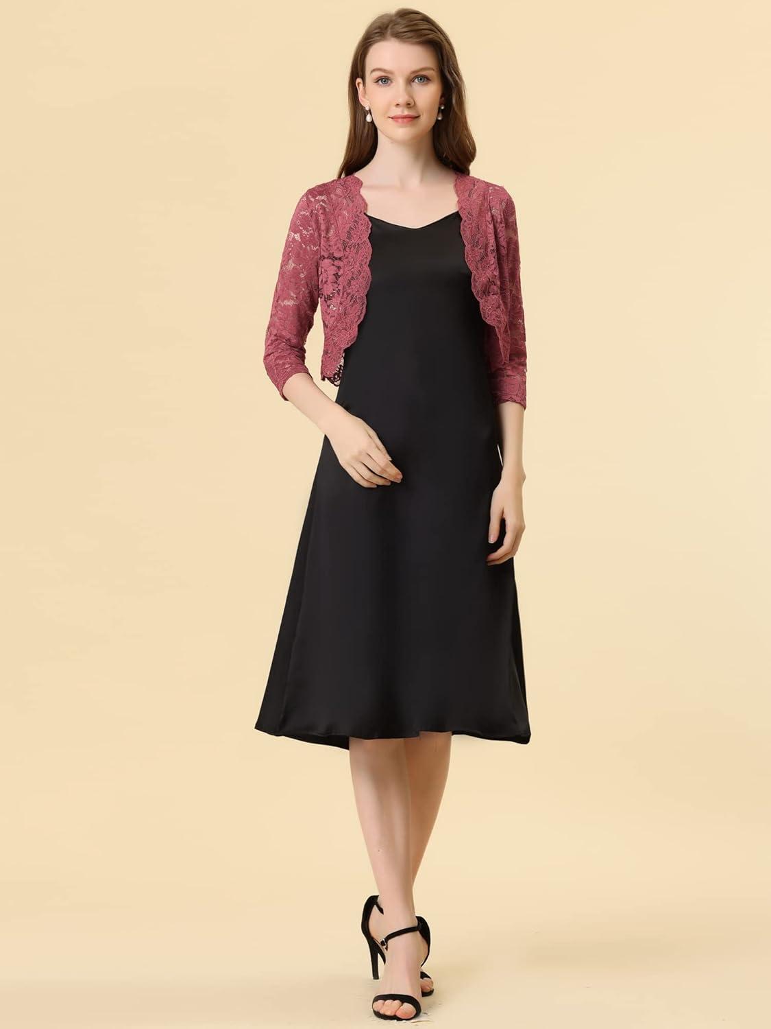 imageAllegra K Womens Elegant 34 Sleeve Sheer Floral Lace Shrug TopBrick Red