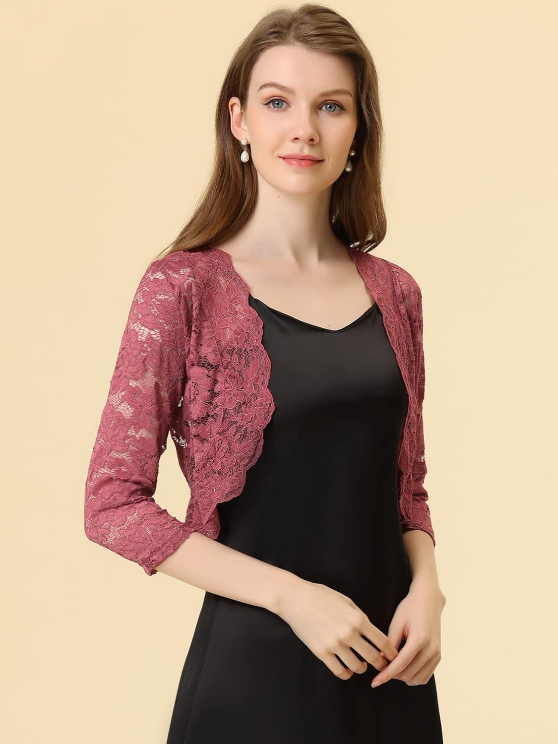 imageAllegra K Womens Elegant 34 Sleeve Sheer Floral Lace Shrug TopBrick Red