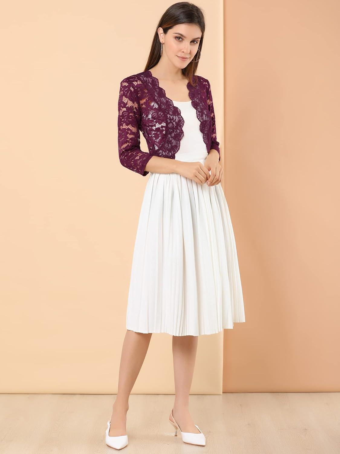 imageAllegra K Womens Elegant 34 Sleeve Sheer Floral Lace Shrug TopBurgundy