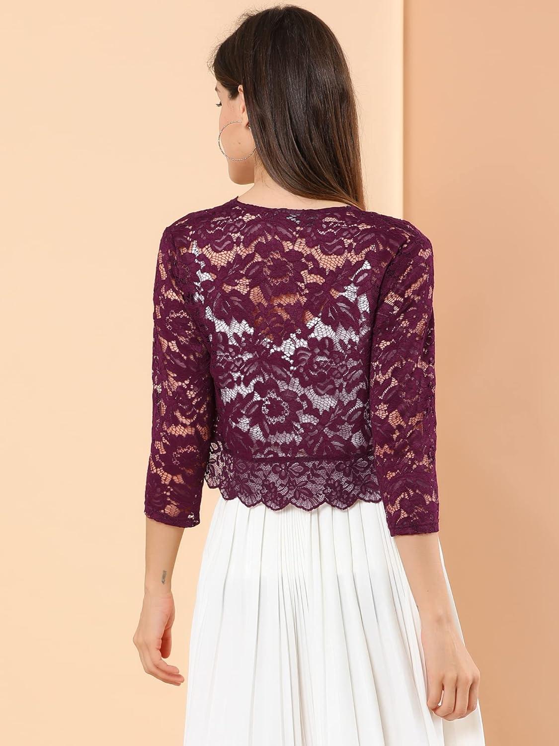 imageAllegra K Womens Elegant 34 Sleeve Sheer Floral Lace Shrug TopBurgundy