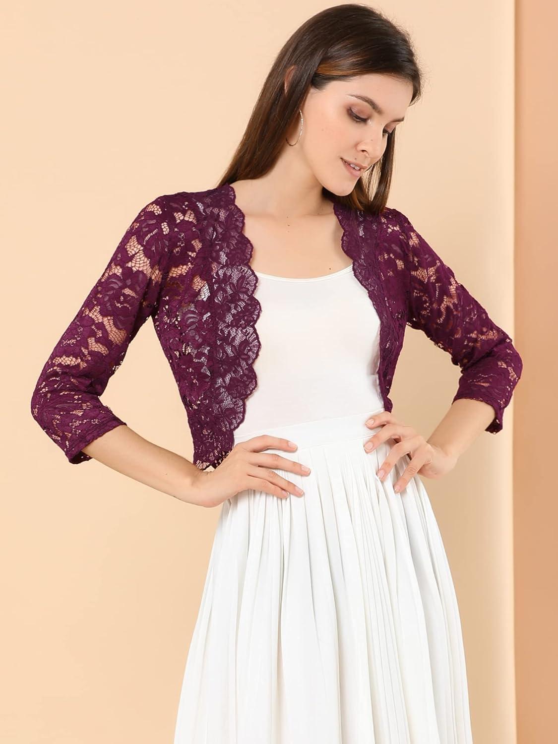 imageAllegra K Womens Elegant 34 Sleeve Sheer Floral Lace Shrug TopBurgundy