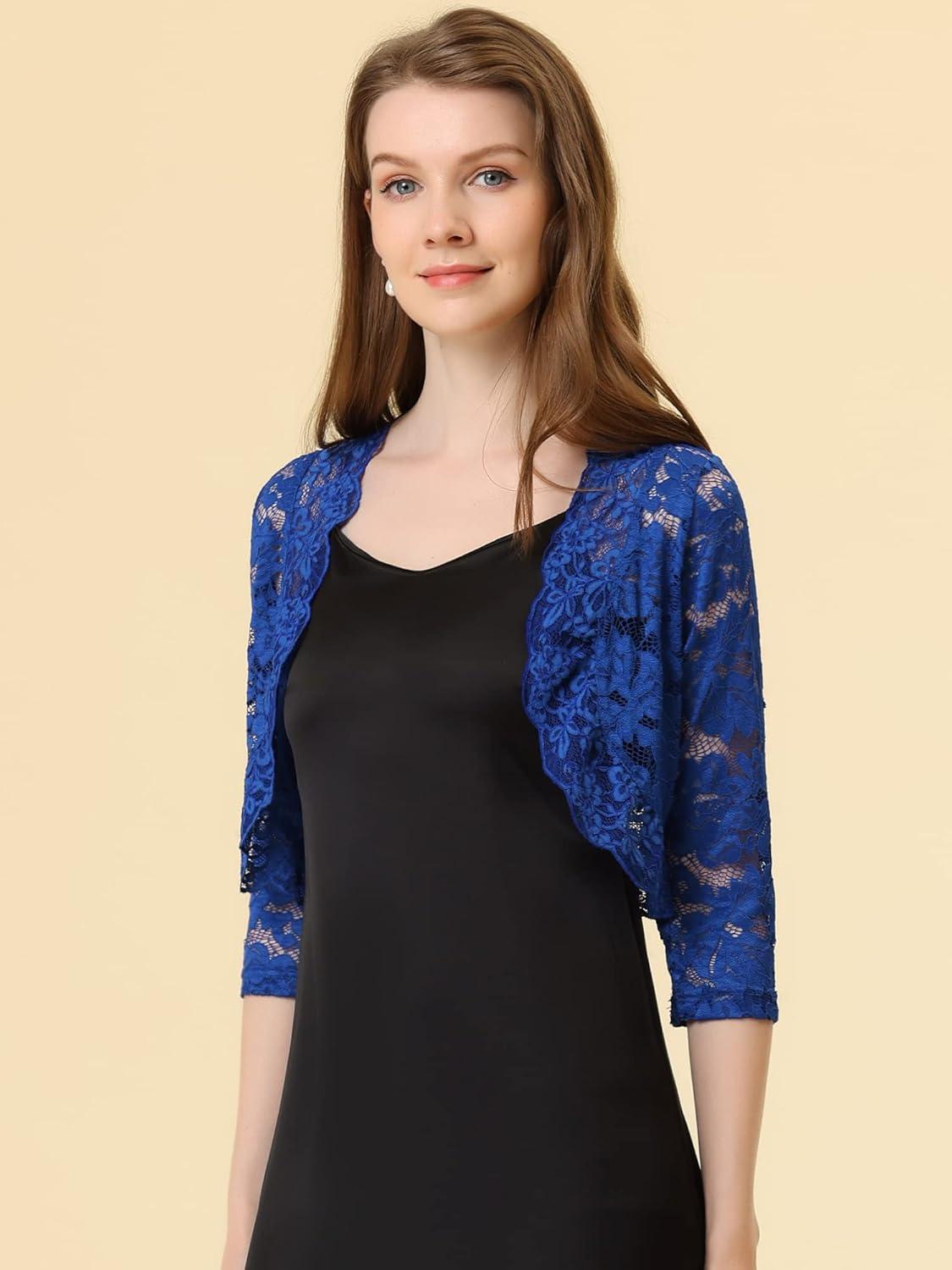imageAllegra K Womens Elegant 34 Sleeve Sheer Floral Lace Shrug TopCobalt Blue