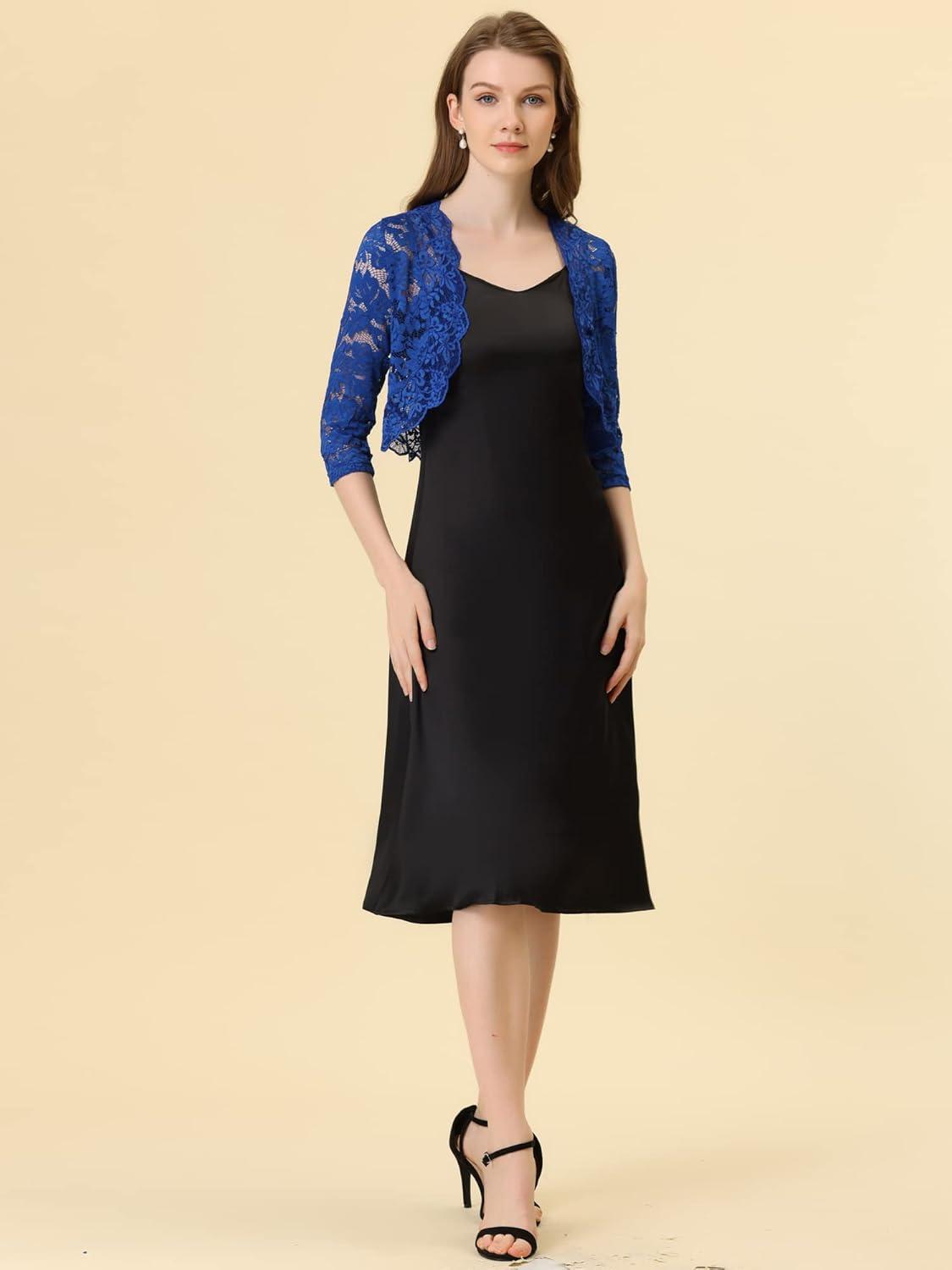imageAllegra K Womens Elegant 34 Sleeve Sheer Floral Lace Shrug TopCobalt Blue