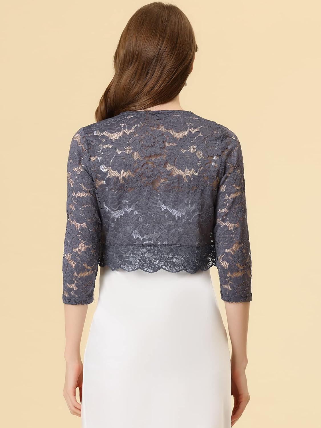 imageAllegra K Womens Elegant 34 Sleeve Sheer Floral Lace Shrug TopDark Gray