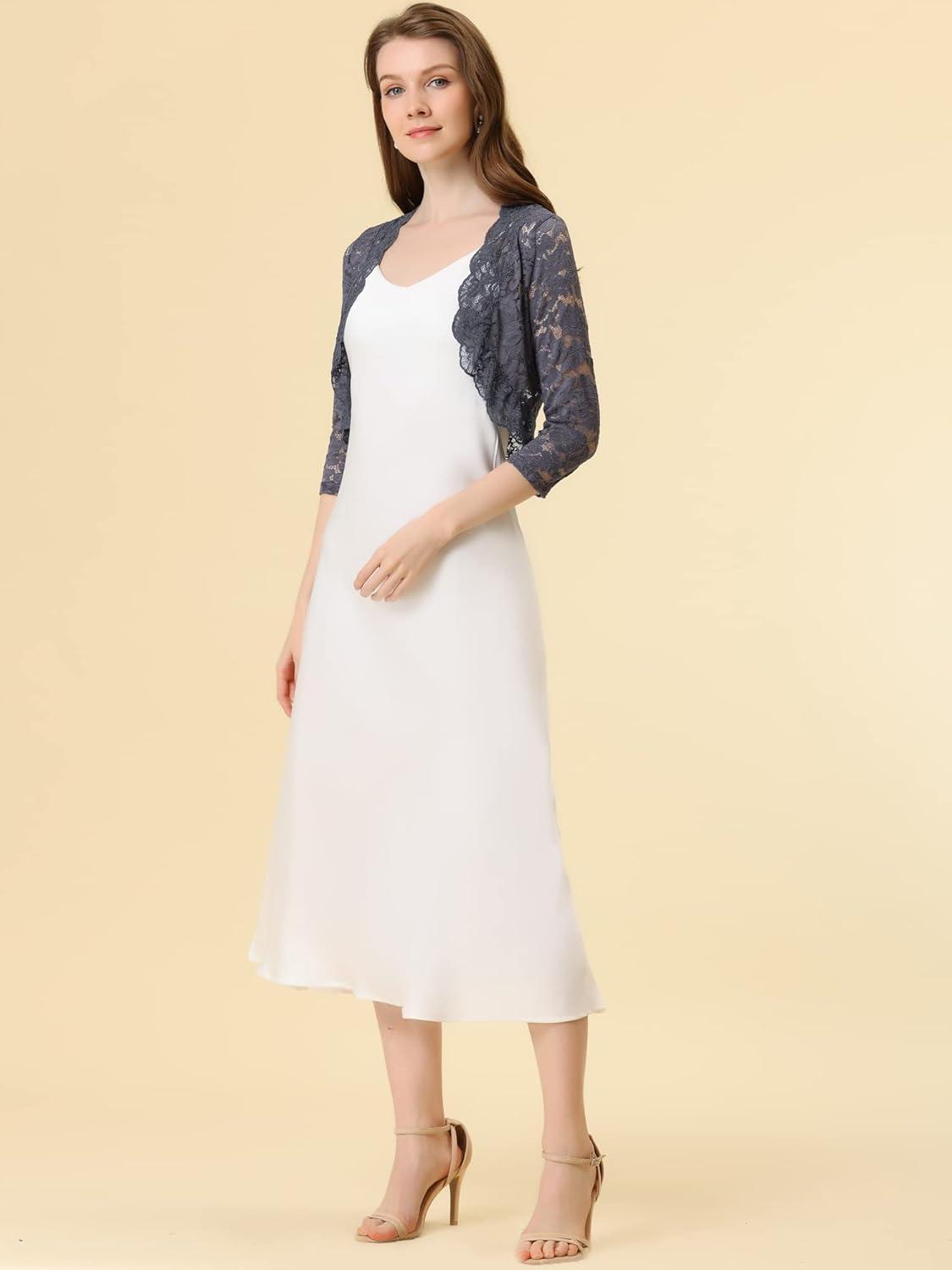 imageAllegra K Womens Elegant 34 Sleeve Sheer Floral Lace Shrug TopDark Gray
