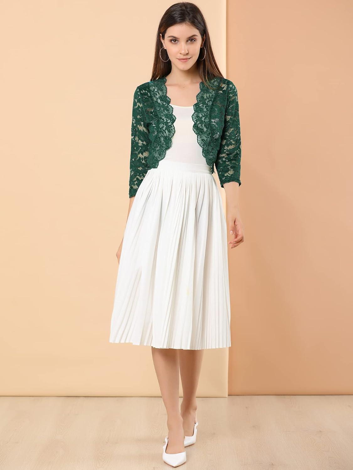 imageAllegra K Womens Elegant 34 Sleeve Sheer Floral Lace Shrug TopDark Green