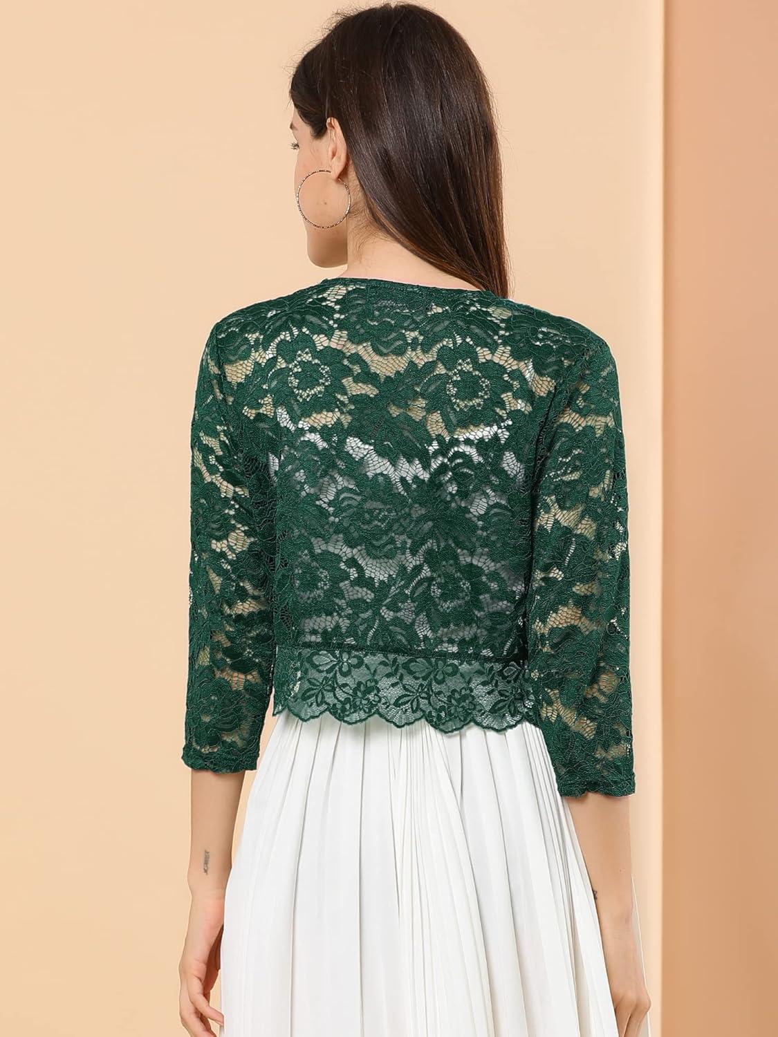 imageAllegra K Womens Elegant 34 Sleeve Sheer Floral Lace Shrug TopDark Green