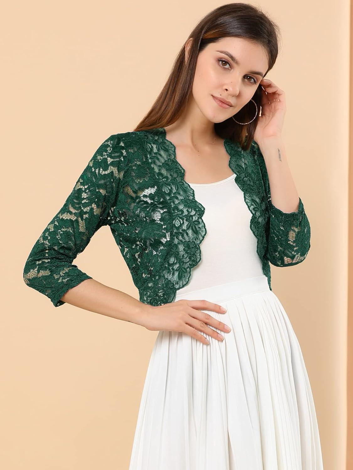 imageAllegra K Womens Elegant 34 Sleeve Sheer Floral Lace Shrug TopDark Green