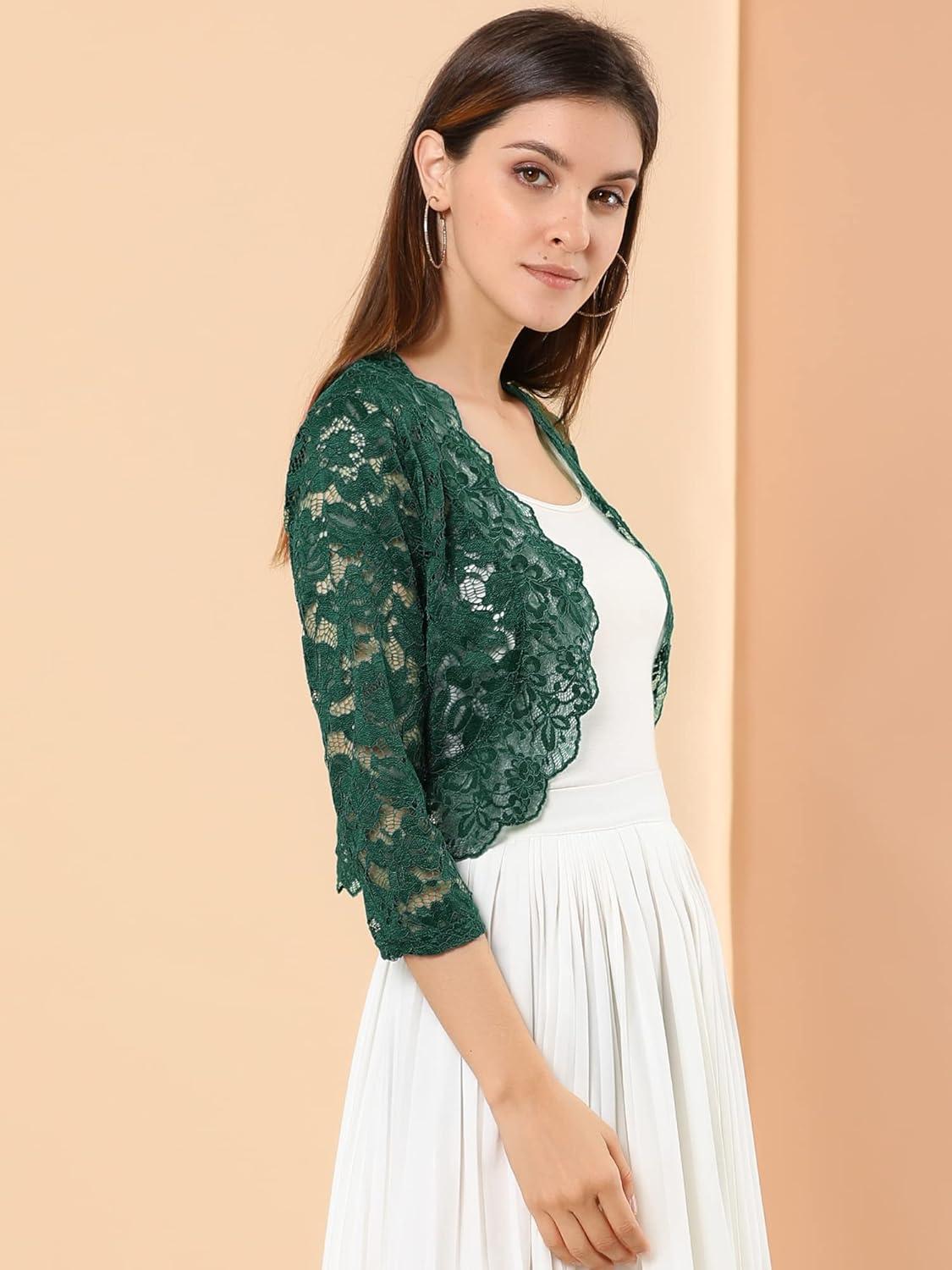 imageAllegra K Womens Elegant 34 Sleeve Sheer Floral Lace Shrug TopDark Green