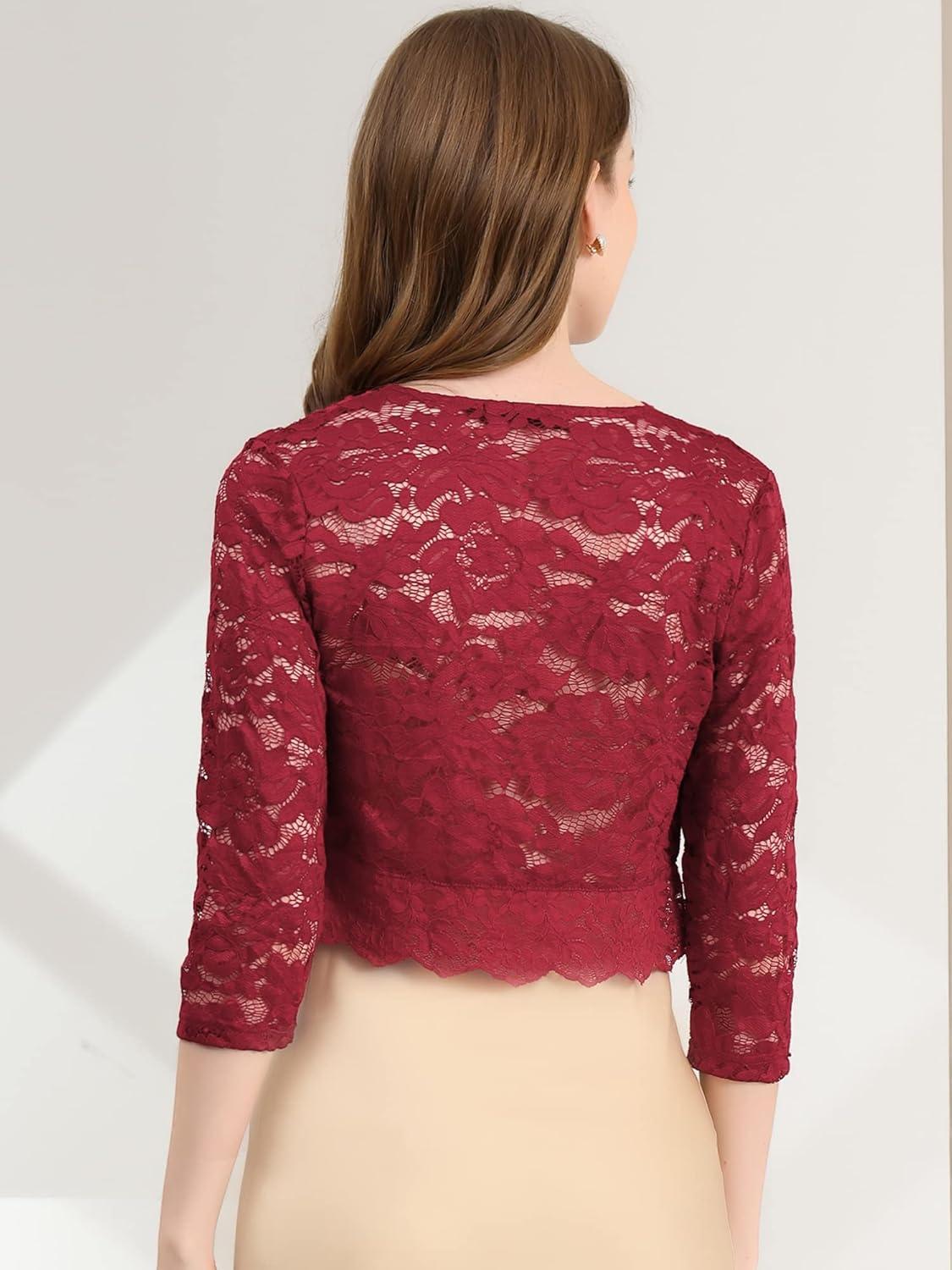 imageAllegra K Womens Elegant 34 Sleeve Sheer Floral Lace Shrug TopDark Red