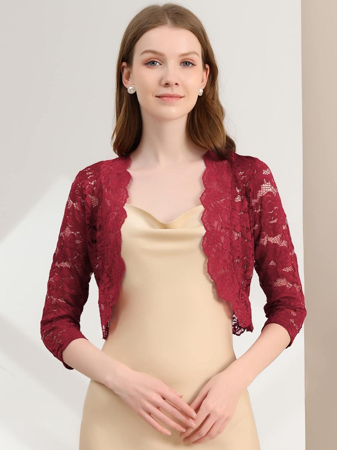 imageAllegra K Womens Elegant 34 Sleeve Sheer Floral Lace Shrug TopDark Red