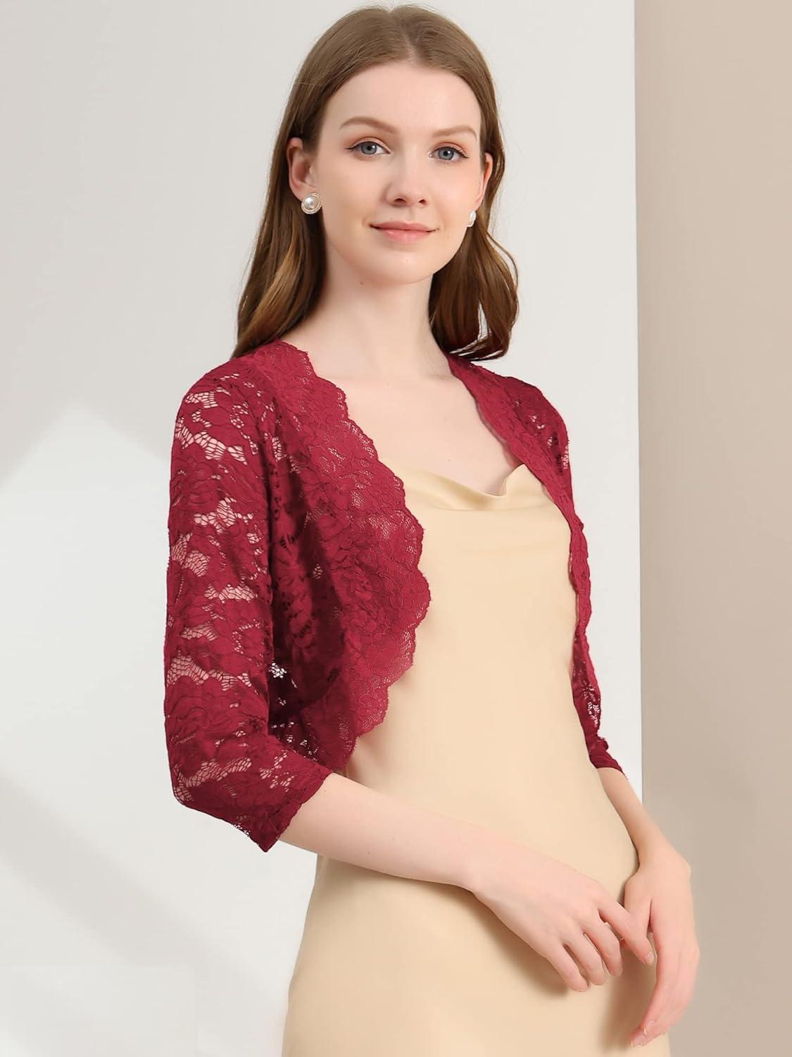 imageAllegra K Womens Elegant 34 Sleeve Sheer Floral Lace Shrug TopDark Red