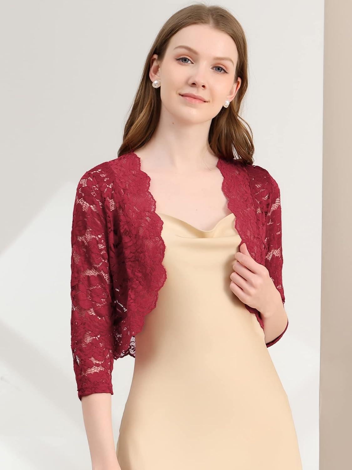imageAllegra K Womens Elegant 34 Sleeve Sheer Floral Lace Shrug TopDark Red