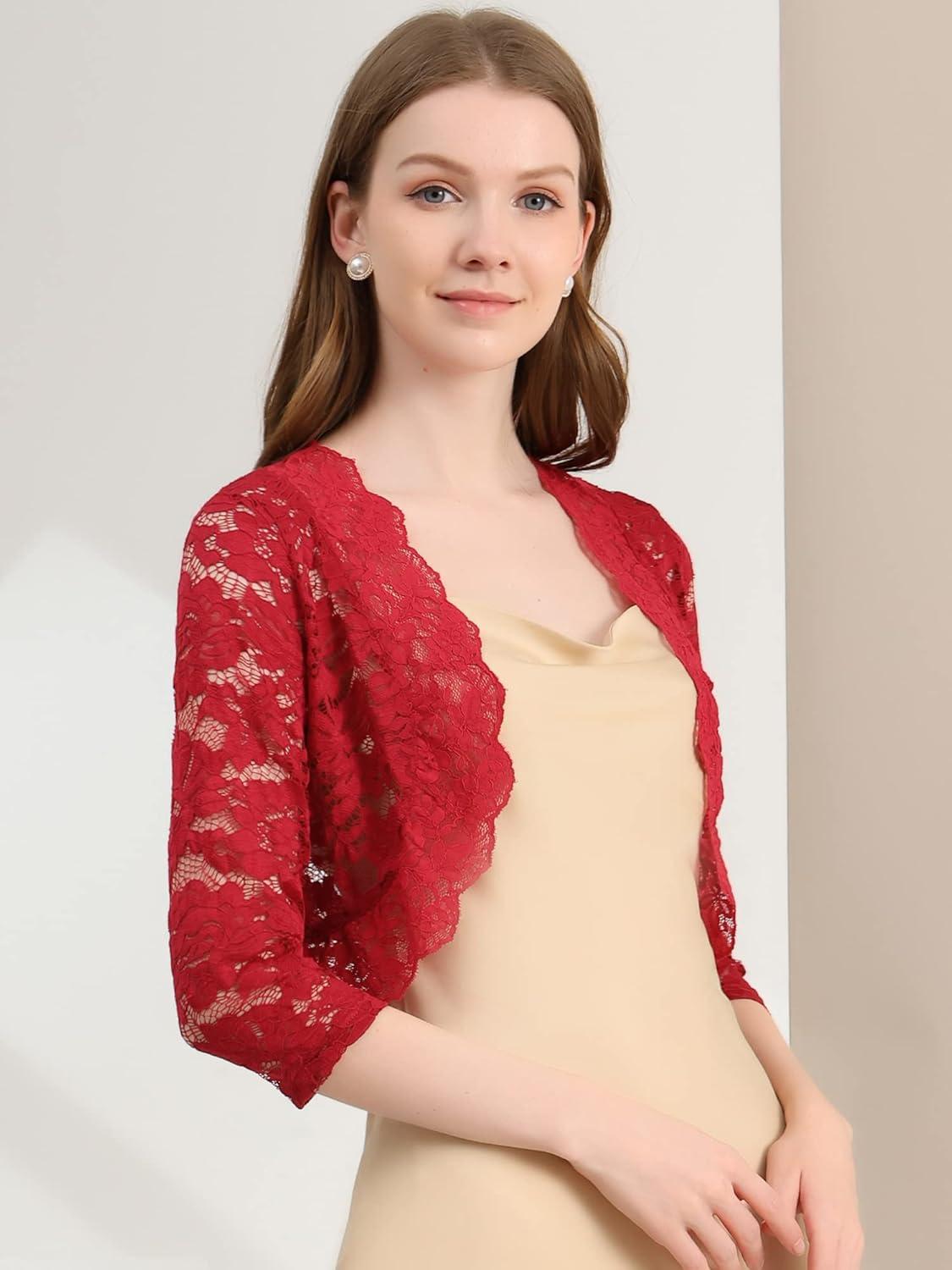 imageAllegra K Womens Elegant 34 Sleeve Sheer Floral Lace Shrug TopDeep Red