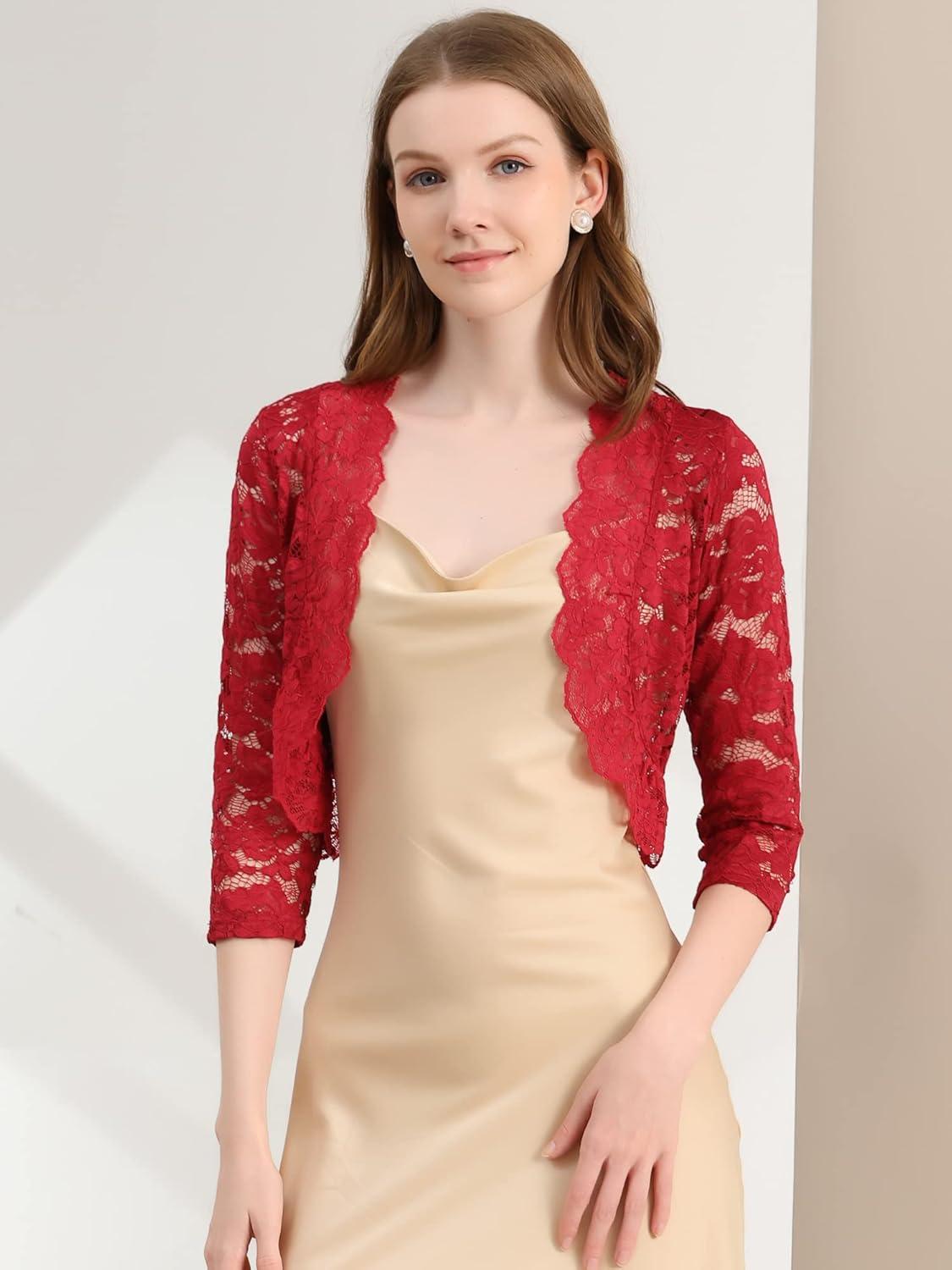 imageAllegra K Womens Elegant 34 Sleeve Sheer Floral Lace Shrug TopDeep Red