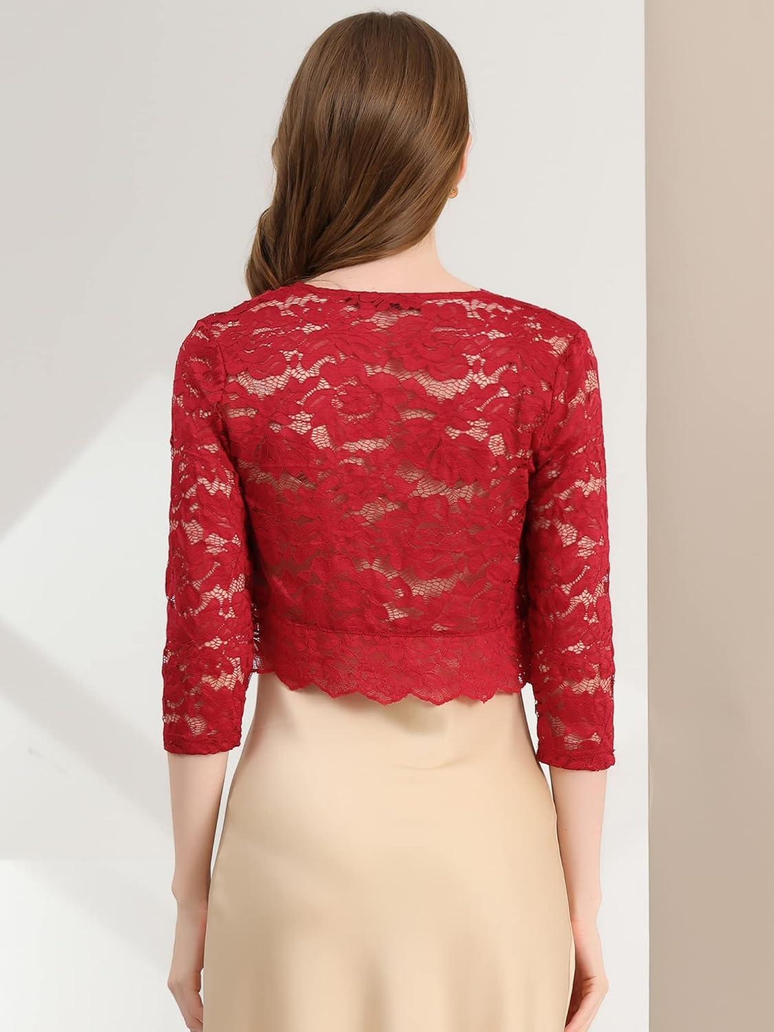 imageAllegra K Womens Elegant 34 Sleeve Sheer Floral Lace Shrug TopDeep Red