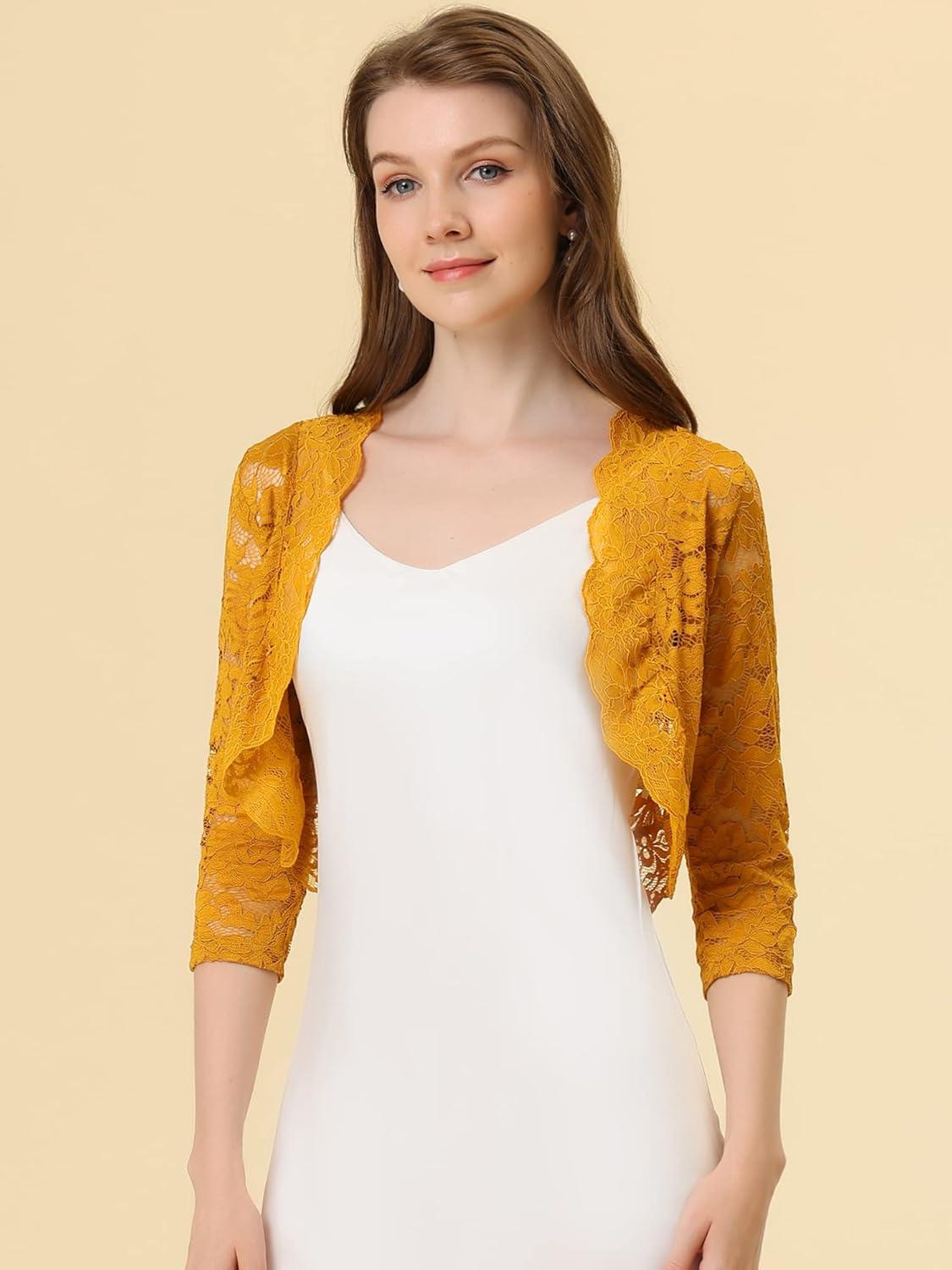 imageAllegra K Womens Elegant 34 Sleeve Sheer Floral Lace Shrug TopGinger